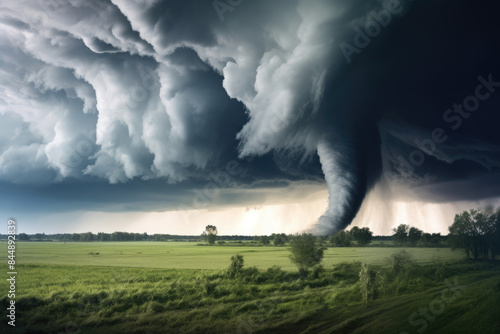 Dramatic rural scene with a massive tornado spiraling towards farmland under a stormy sky.