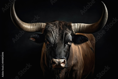 Majestic bull portrait with impressive horns, set against a dark background, symbolizing power and strength