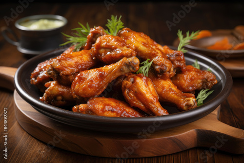 Delicious buffalo chicken wings served on a plate with dipping sauce, garnished with herbs, perfect for casual dining.