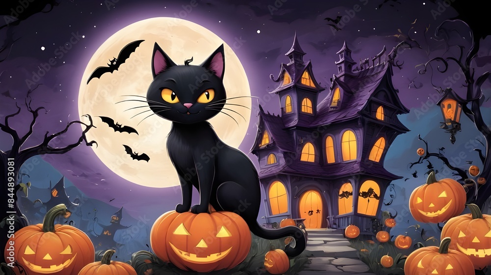 Halloween background cat perched on a pumpkin and a bat swooping through the night sky Halloween background cat perched on a pumpkin and a bat swooping through the night sky