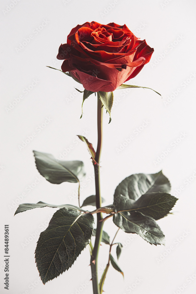 single red rose stands out against a white background. The rose is fully bloomed with delicate petals and a long green stem. This elegant flower symbolizes love and beauty single red rose stands out against a white background. The rose is fully bloomed with delicate petals and a long green stem. This elegant flower symbolizes love and beauty