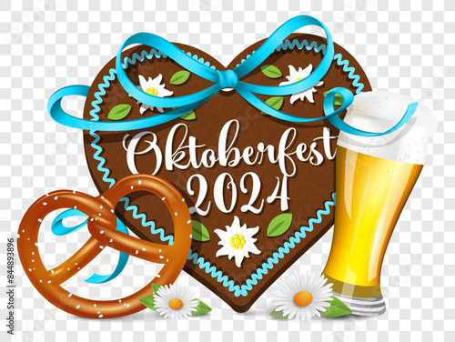 Oktoberfest 2024 gingerbread heart with beer glass and pretzel. Vector symbol isolated on transparent backrgound. German language	