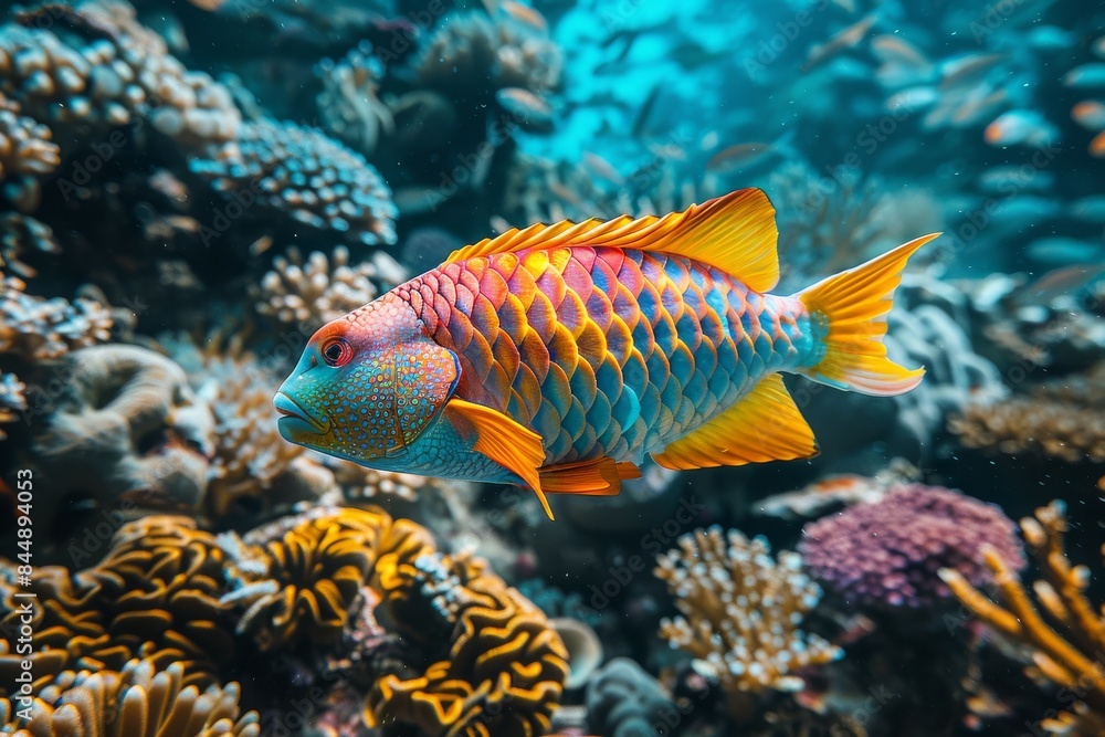 Naklejka premium Colorful Parrotfish Swimming Near Coral Reef in Tropical Ocean
