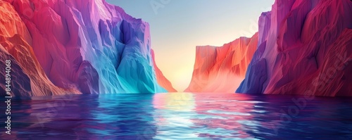 Dreamlike Abstract Landscape of Towering Cliffs in Vibrant Colors and Shimmering Ocean Reflection #844894068