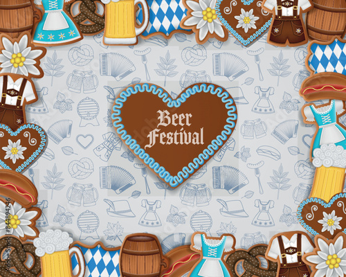 oktoberfest background with gingerbread cookies and doodles. german beer festival poster with sweets