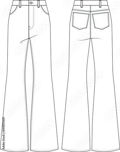 flared wide leg denim jean pant trouser high waist high rise fit template technical drawing flat sketch cad mockup fashion woman design style model
