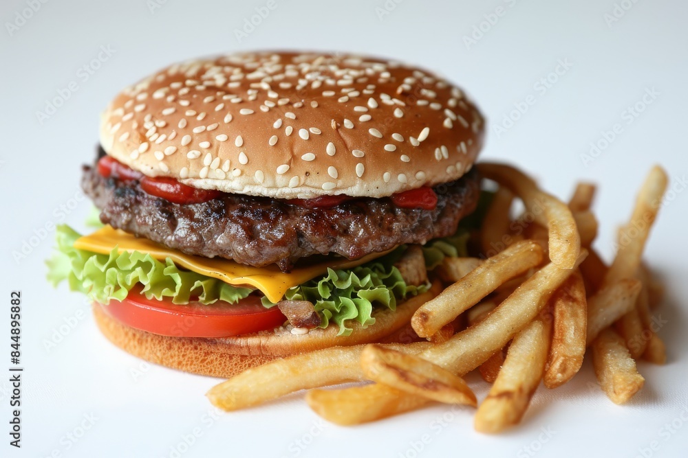 Juicy hamburger with crispy fries, lettuce, and tomato in a sesame seed bun, perfect for high resolution food photography and capturing gourmet meal concepts Juicy hamburger with crispy fries, lettuce, and tomato in a sesame seed bun, perfect for high resolution food photography and capturing gourmet meal concepts