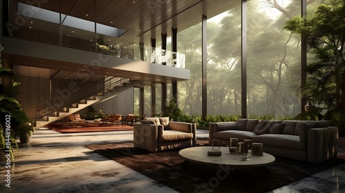 Panoramic view of modern living room interior with panoramic windows