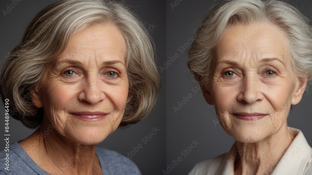 Aging concept. Comparison of young and old. Real result achieved with work of professional makeup artist. Not CGI. Aging concept. Comparison of young and old. Real result achieved with work of professional makeup artist. Not CGI.