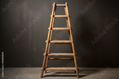 Antique wooden step ladder stands against a moody gray backdrop, evoking a rustic aesthetic