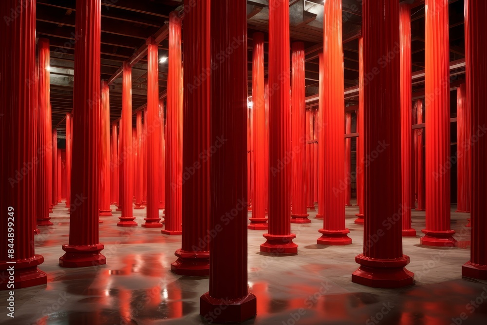 Striking corridor with glossy floors and illuminated red columns arranged symmetrically Striking corridor with glossy floors and illuminated red columns arranged symmetrically