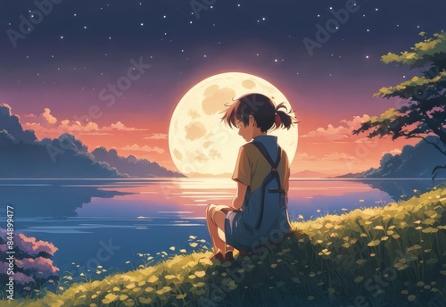 illustration of a lone person at night by moonlight in anime and cartoon style.