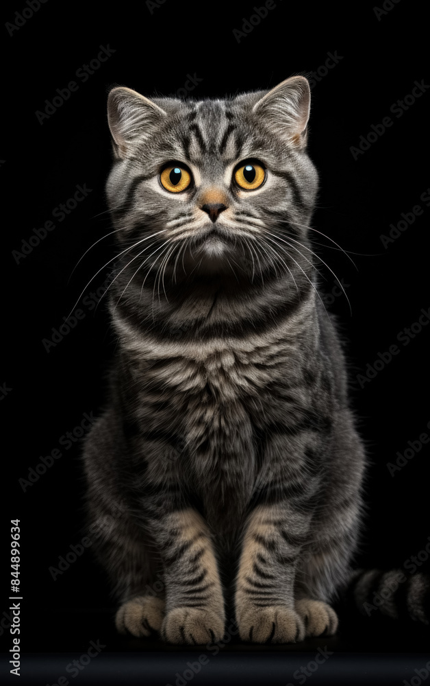 Full body front view studio portrait beautiful striped scottish fold cat sitting and looking in camera isolated on black background. Full body front view studio portrait beautiful striped scottish fold cat sitting and looking in camera isolated on black background.