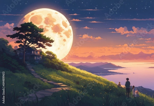 illustration of a lone person at night by moonlight in anime and cartoon style.