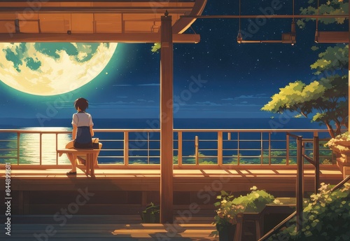 illustration of a lone person at night by moonlight in anime and cartoon style.