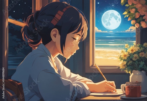 illustration of a lone person at night by moonlight in anime and cartoon style.