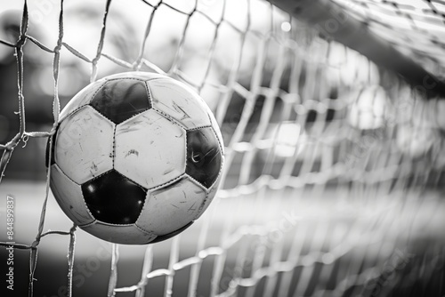 Iconic classic black and white soccer ball in the net, traditional sports equipment