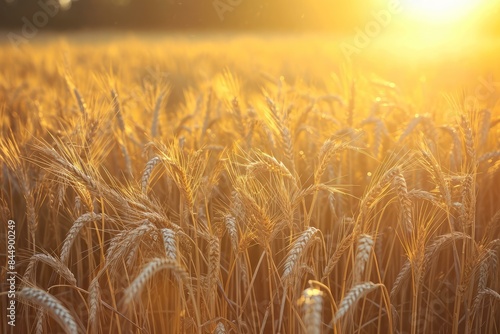 Warm sunlight bathes a ripe wheat field, highlighting the golden hues of the crops