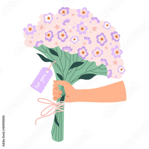 Hand holding a bouquet of flowers and a label for you with hand lettering.Vector illustration