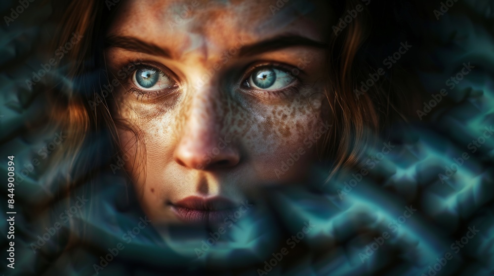 A woman with freckles and blue eyes looking at the camera, AI A woman with freckles and blue eyes looking at the camera, AI