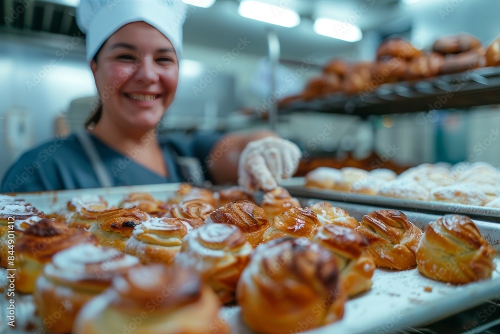 Smiling female baker removing freshly baked pastries from oven tray in bakery setting Smiling female baker removing freshly baked pastries from oven tray in bakery setting