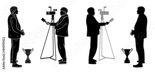 Interviewer, news reporter with microphone taking interview respondent