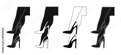 Silhouette outline of female legs in a pose. Shoes stilettos, high heels. Walking, standing, running, jumping, dance