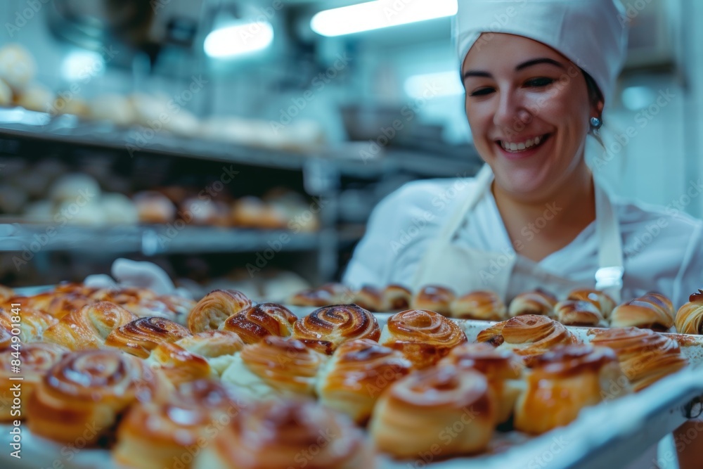 Smiling female baker removing freshly baked pastries from oven in bakery setting Smiling female baker removing freshly baked pastries from oven in bakery setting
