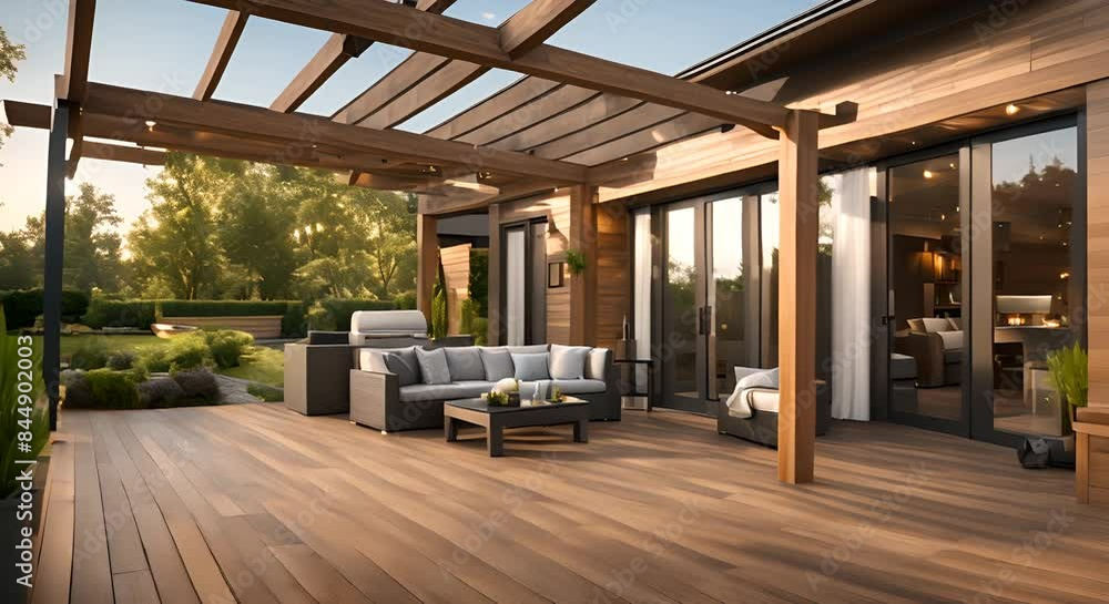 Back yard house exterior with spacious wooden deck with patio area and attached pergola 4k Back yard house exterior with spacious wooden deck with patio area and attached pergola 4k