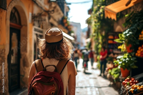 Traveler girl in street of old town in Spain. Young backpacker tourist in solo travel. Vacation, holiday, trip, digital nomads lifestyle, Generative AI