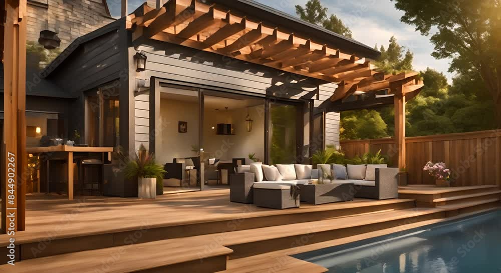 Back yard house exterior with spacious wooden deck with patio area and attached pergola 4k Back yard house exterior with spacious wooden deck with patio area and attached pergola 4k