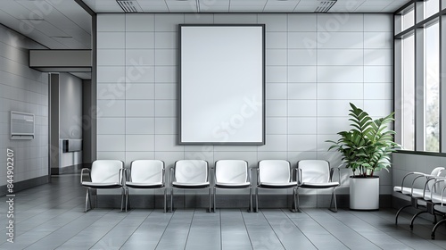a high-definition, realistic mockup of an empty white poster adorning the wall in a modern hospital waiting room, surrounded by comfortable chairs and state-of-the-art medical equipment,