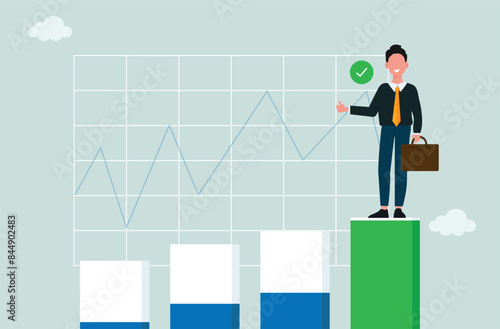 Confident businessman successfully reached goal on rising graph. Success Achievement Concept. Business and Financial Growth. Businessman Celebrating Growth or Progress with Graph Chart. sales revenue