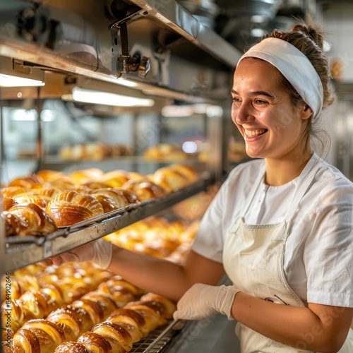 Smiling female baker removing fresh pastries from oven with blurred bakery background in white tones