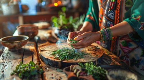 Spiritual woman in colorful clothing burns herbs on a wooden table, making incense for alternative medicine. medicine woman shaman