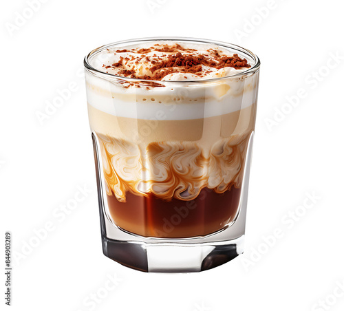 Coffee drink with a layered effect, featuring a dark base, a swirl of cream, a frothy top, and a sprinkle of chocolate shavings.