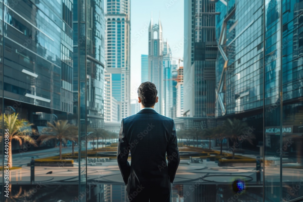 Fototapeta premium Businessman in suit with modern glass office buildings in background, professional attire