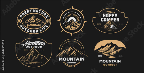 mountain adventure hipster logos. Set of Vintage Outdoor mountains Summer Camp badges or Patches. vector emblem designs. Great for shirts, stamps, stickers logos and labels.