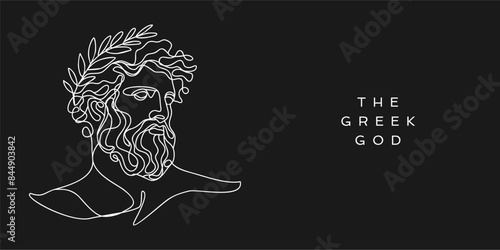 Continuous line, drawing of Greek god head wearing laurel wreath statue minimalist, Ancient Greek Figure Face Head Statue vector illustration for t-shirt, slogan design print graphics style