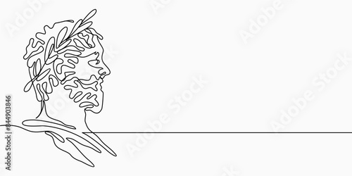 Continuous line, drawing of Greek god head wearing laurel wreath statue minimalist, Ancient Greek Figure Face Head Statue vector illustration for t-shirt, slogan design print graphics style