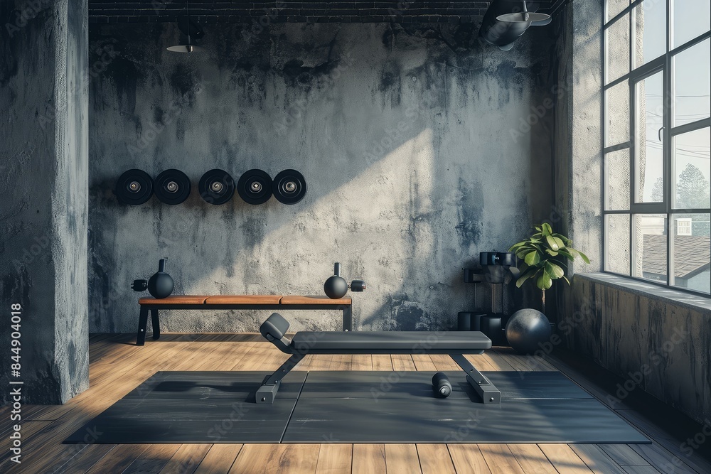 Spacious home gym with exercise equipment in a stylish loft setting, bathing in daylight Spacious home gym with exercise equipment in a stylish loft setting, bathing in daylight
