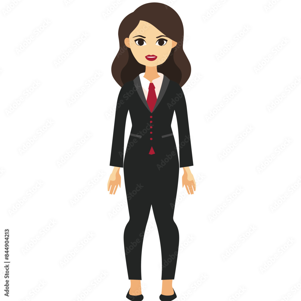 Professional female businesswoman wearing black suit standing confidently. Young woman dressed formal attire corporate environment. Cartoony character representing employee manager Professional female businesswoman wearing black suit standing confidently. Young woman dressed formal attire corporate environment. Cartoony character representing employee manager