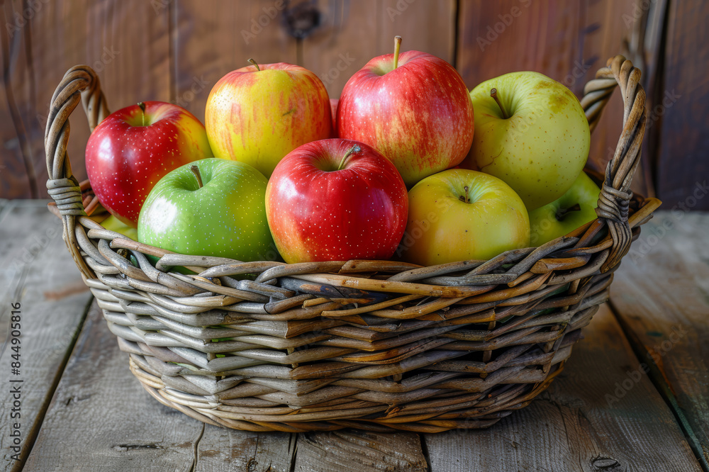 A basket filled with assorted red, green, and yellow apples, placed on a rustic wooden table.. AI generated. A basket filled with assorted red, green, and yellow apples, placed on a rustic wooden table.. AI generated.