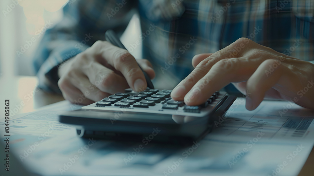 Close-up shot. asian men hand using calculator to calculate Interest on loans and tax to recive tax reduction for personal individual Income. tax return concept for individual person Close-up shot. asian men hand using calculator to calculate Interest on loans and tax to recive tax reduction for personal individual Income. tax return concept for individual person