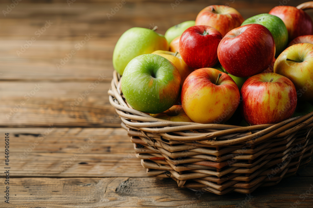 A basket filled with assorted red, green, and yellow apples, placed on a rustic wooden table.. AI generated. A basket filled with assorted red, green, and yellow apples, placed on a rustic wooden table.. AI generated.