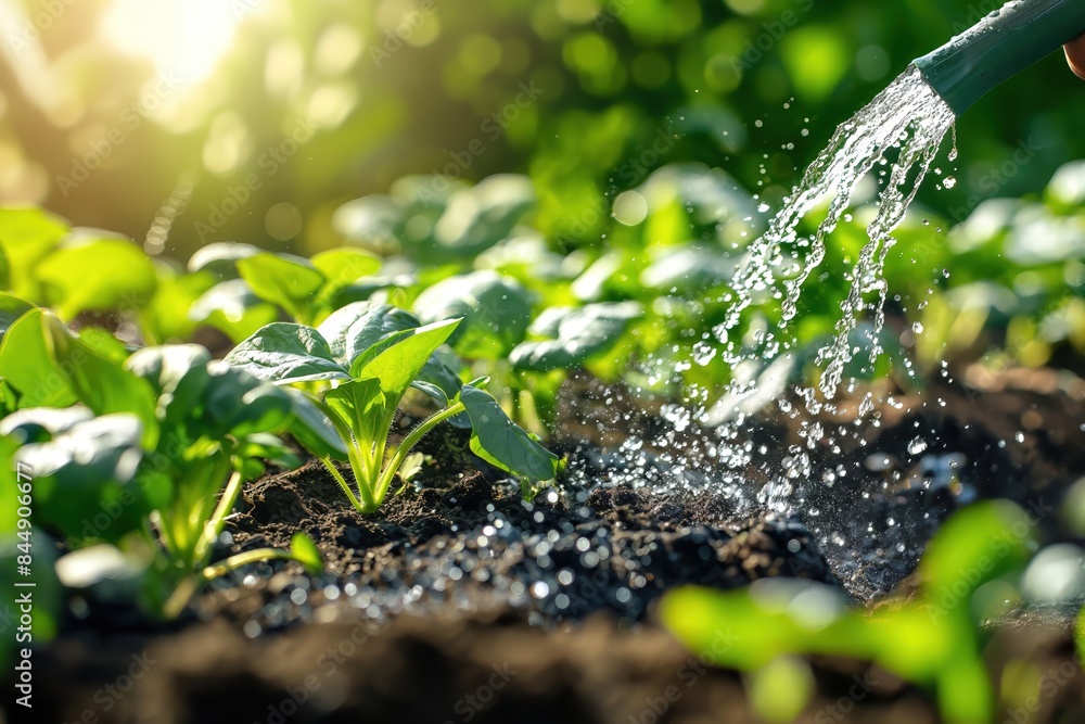 A close-up of a gardener watering vibrant green vegetable plants in a sunlit garden. Water droplets sparkle in the sunlight, highlighting the growth and care of the flourishing plants. A close-up of a gardener watering vibrant green vegetable plants in a sunlit garden. Water droplets sparkle in the sunlight, highlighting the growth and care of the flourishing plants.