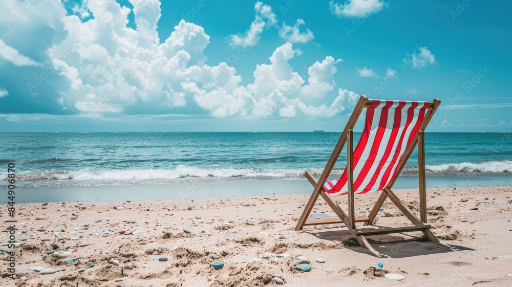 Striped beach chair sits on sandy by ocean under bright blue sky Striped beach chair sits on sandy by ocean under bright blue sky