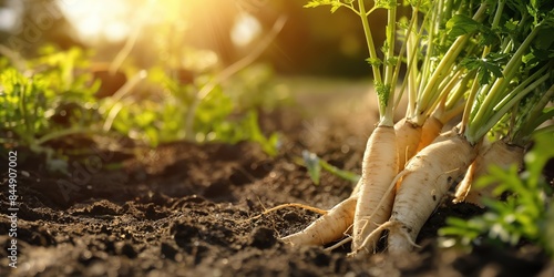 Close-up of parsnips being harvested in a sunlit garden. The rich soil and vibrant green leaves highlight the freshness of these root vegetables, basking in the warm sunlight, ready to be picked.