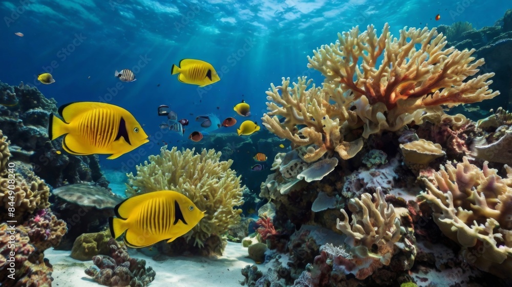 Naklejka premium Animals of the underwater sea world. Ecosystem. Colorful tropical fish. Life in the coral reef.