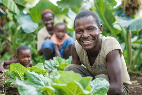 A happy family working together in their vegetable garden. A father smiles in the foreground while his family tends to plants behind him, illustrating teamwork and the joy of home gardening.